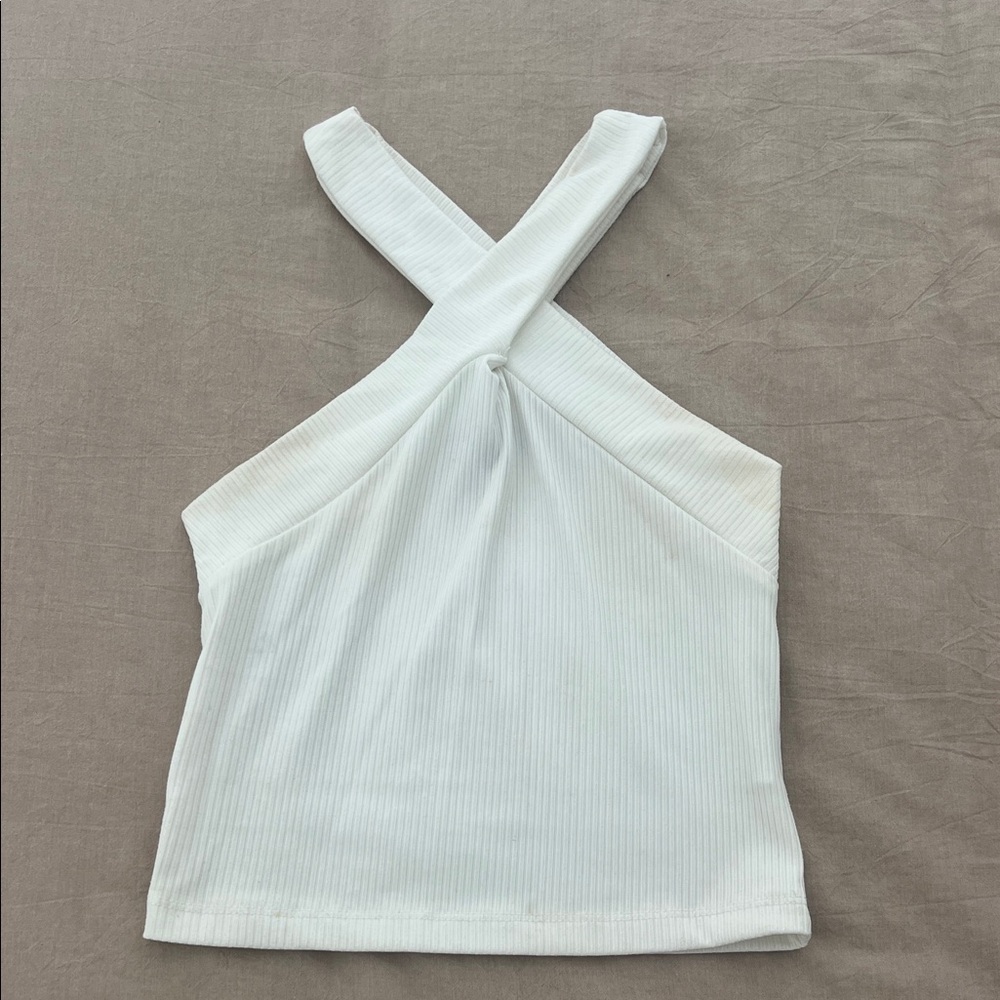 Gaze White Ribbed Cross-Back Crop Top